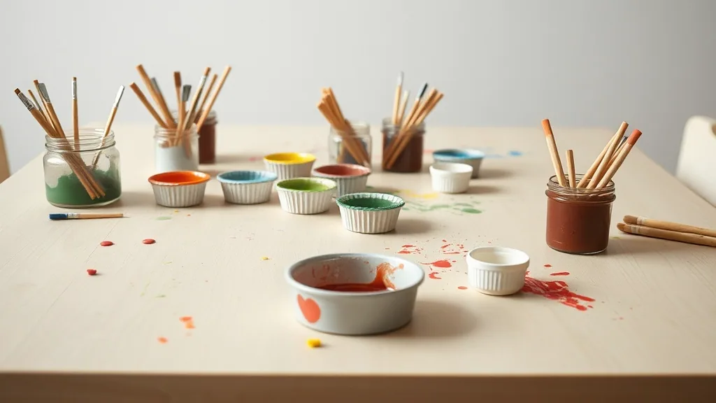 An art table with muffin tins of coloured paint, jars of brushes and dried paint splashes on the pale wood.