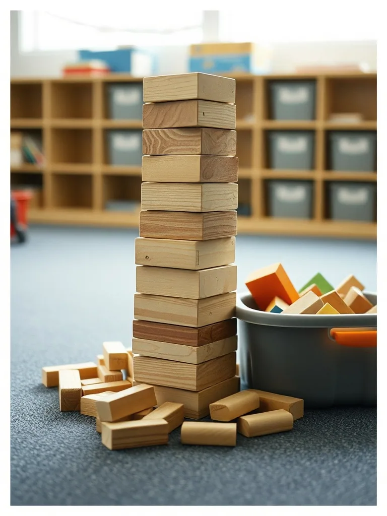 A tower of plain wooden blocks part built on a classroom carpet beside a tub of coloured blocks.