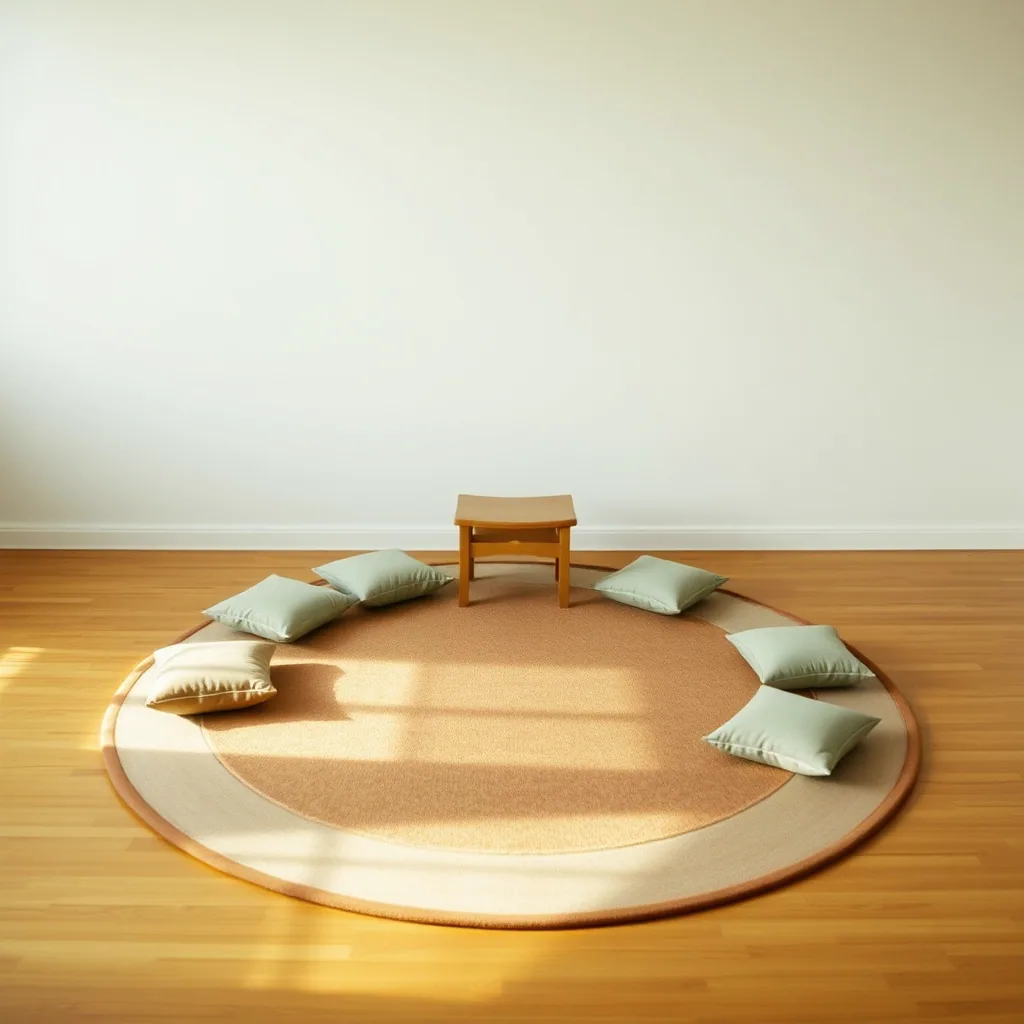 A round rug on a wood floor with small floor cushions set in a ring around it and a low stool at the centre.