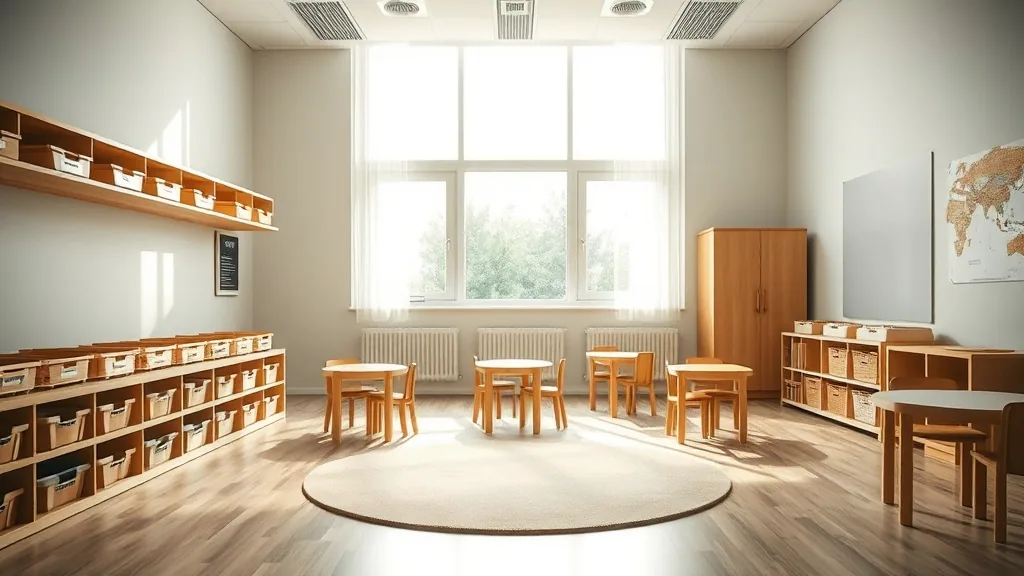 An empty early learning room in the morning, low shelves of storage bins, child sized tables and chairs and a round rug under tall bright windows.