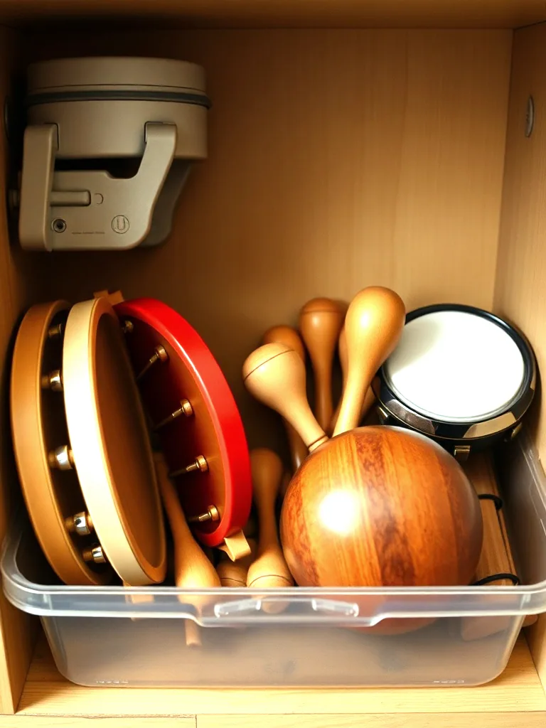 A tub of classroom instruments on a shelf, tambourines, wooden shakers and a hand drum.
