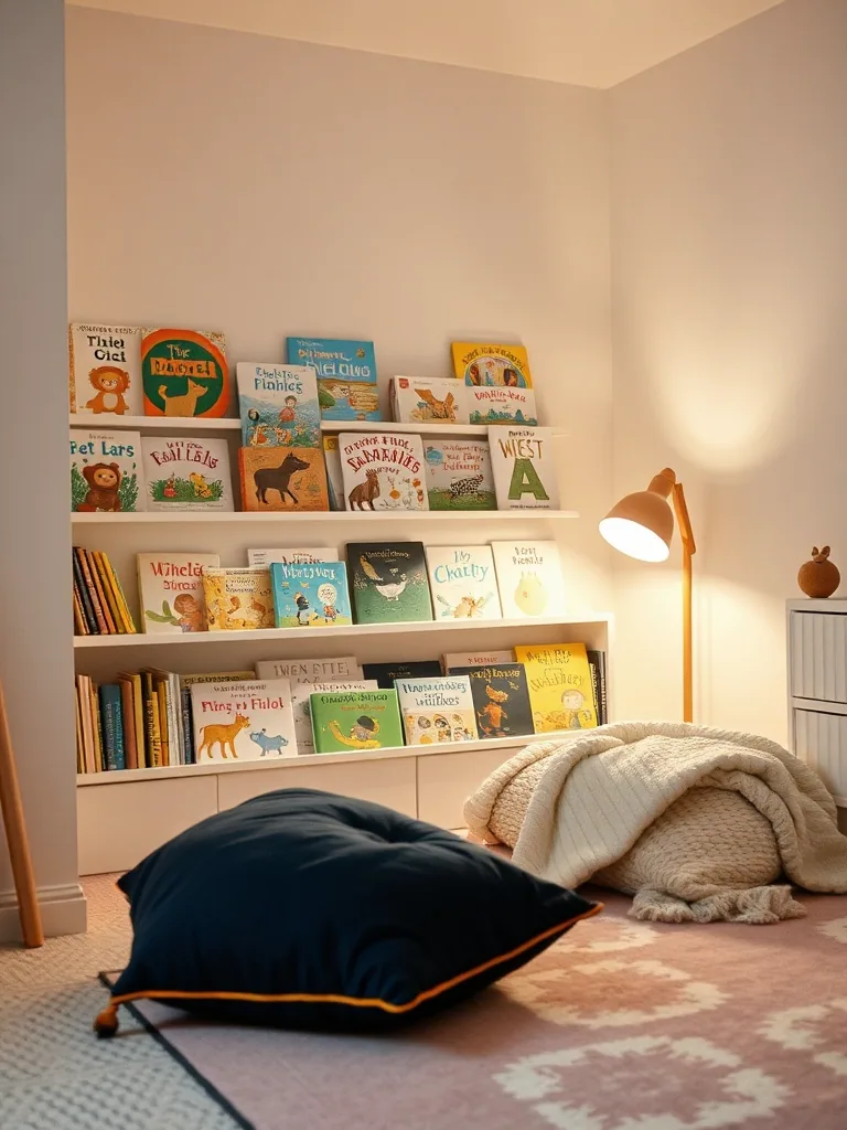 A reading corner with picture books shelved face out, floor cushions, a blanket and a lamp.