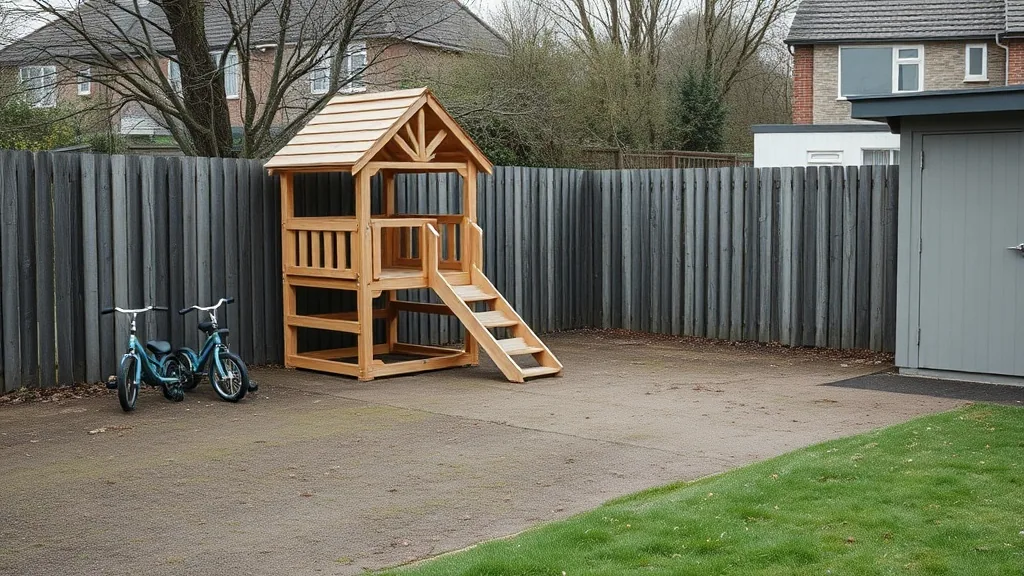 A fenced play yard with a wooden climbing frame and slide, two small bicycles parked against the fence.